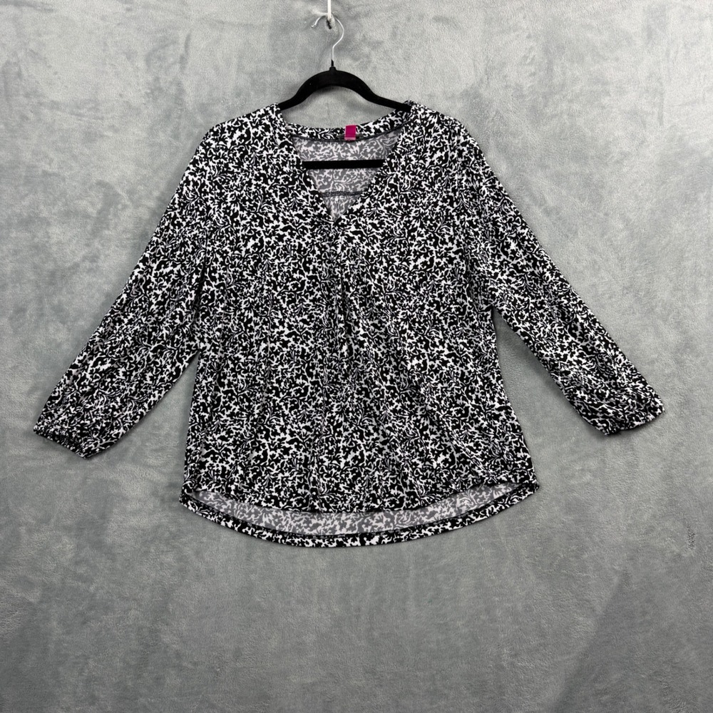Vince Camuto Womens M Black White Blouse V-Neck Damask Floral Office Siren Top